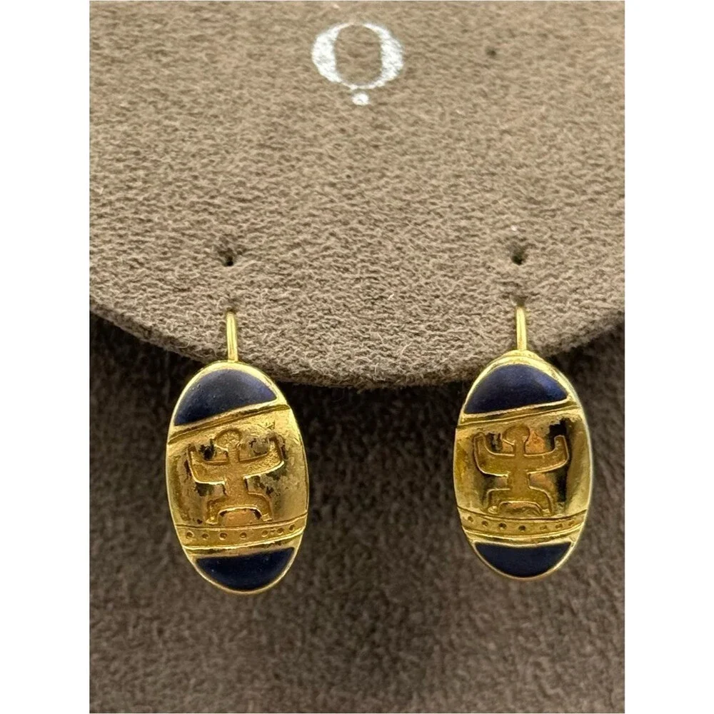 Vintage Egyptian Gold-Tone Oval Drop Earrings with Blue Enamel Accent